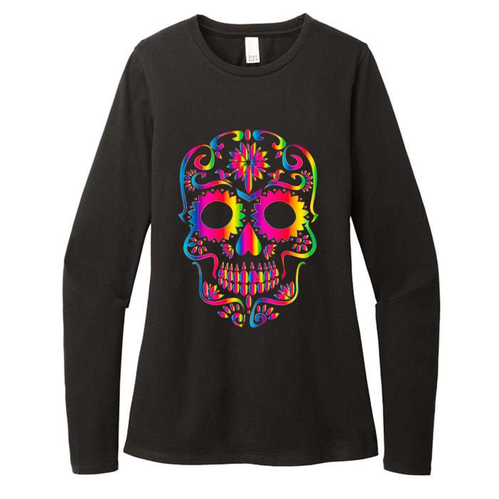 Bright Rainbow Sugar Skull Day Of The Dead Womens CVC Long Sleeve Shirt