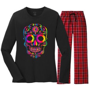 Bright Rainbow Sugar Skull Day Of The Dead Women's Long Sleeve Flannel Pajama Set 