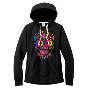 Bright Rainbow Sugar Skull Day Of The Dead Women's Fleece Hoodie