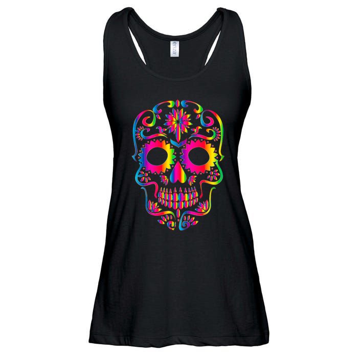 Bright Rainbow Sugar Skull Day Of The Dead Ladies Essential Flowy Tank