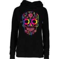 Bright Rainbow Sugar Skull Day Of The Dead Womens Funnel Neck Pullover Hood