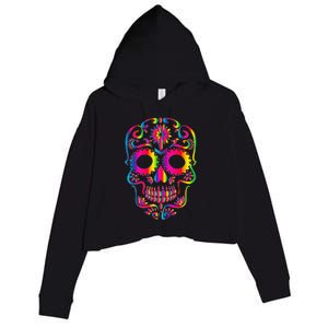 Bright Rainbow Sugar Skull Day Of The Dead Crop Fleece Hoodie