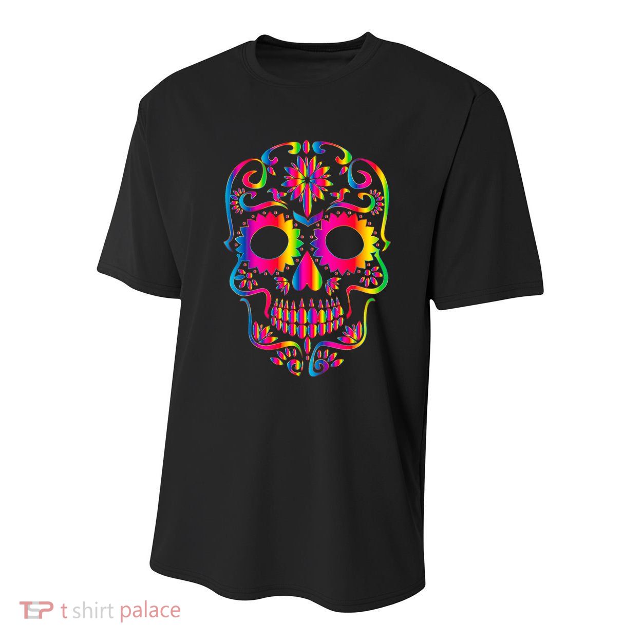 Bright Rainbow Sugar Skull Day Of The Dead Youth Performance Sprint T-Shirt