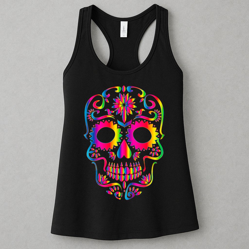 Bright Rainbow Sugar Skull Day Of The Dead Womens Tank Top