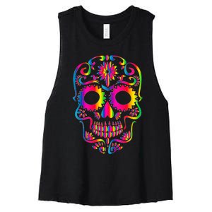 Bright Rainbow Sugar Skull Day Of The Dead Women's Racerback Cropped Tank