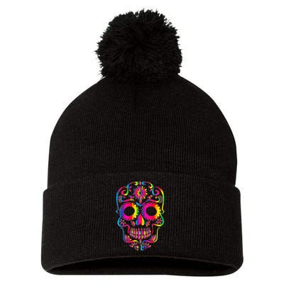 Bright Rainbow Sugar Skull Day Of The Dead Pom Pom 12in Knit Beanie
