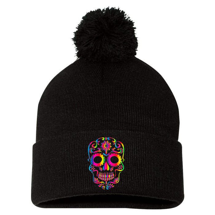 Bright Rainbow Sugar Skull Day Of The Dead Pom Pom 12in Knit Beanie