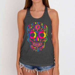 Bright Rainbow Sugar Skull Day Of The Dead Women's Knotted Racerback Tank