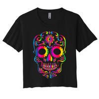 Bright Rainbow Sugar Skull Day Of The Dead Women's Crop Top Tee