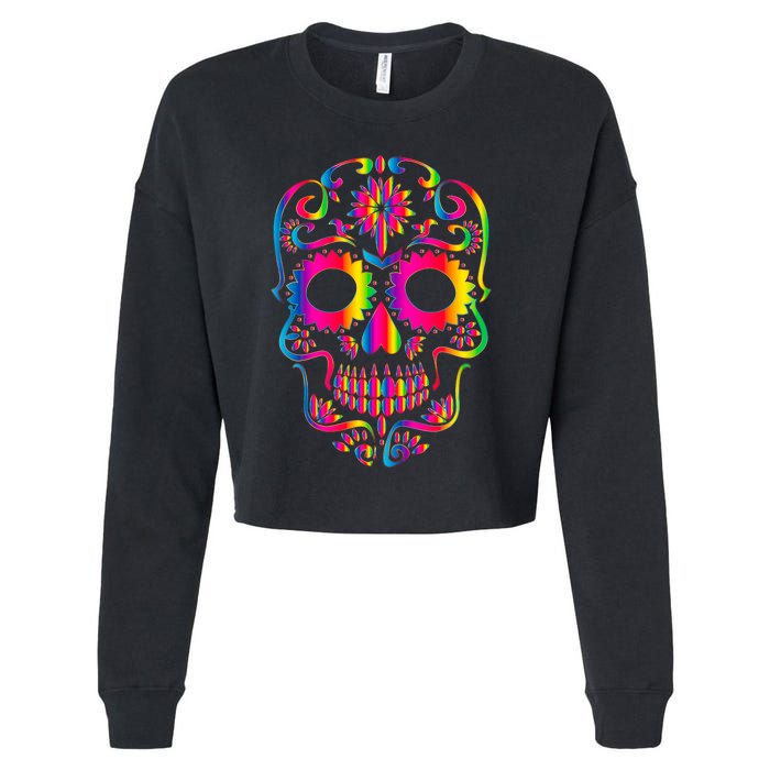 Bright Rainbow Sugar Skull Day Of The Dead Cropped Pullover Crew