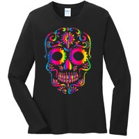 Bright Rainbow Sugar Skull Day Of The Dead Ladies Long Sleeve Shirt