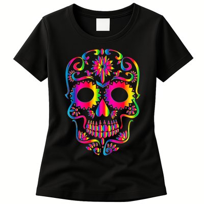 Bright Rainbow Sugar Skull Day Of The Dead Womens T-Shirt