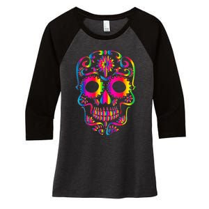 Bright Rainbow Sugar Skull Day Of The Dead Women's Tri-Blend 3/4-Sleeve Raglan Shirt