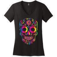 Bright Rainbow Sugar Skull Day Of The Dead Women's V-Neck T-Shirt