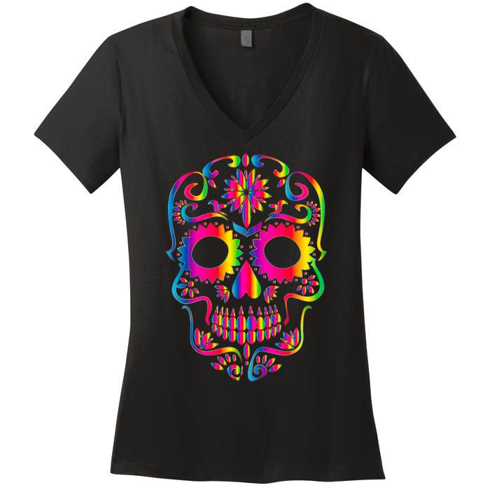 Bright Rainbow Sugar Skull Day Of The Dead Women's V-Neck T-Shirt