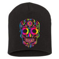 Bright Rainbow Sugar Skull Day Of The Dead Short Acrylic Beanie