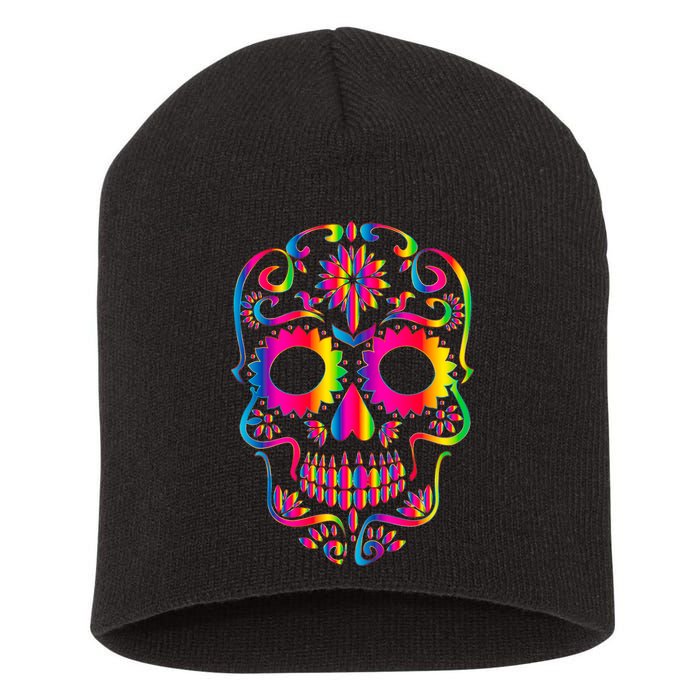 Bright Rainbow Sugar Skull Day Of The Dead Short Acrylic Beanie