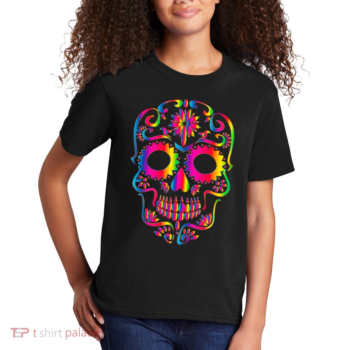 Bright Rainbow Sugar Skull Day Of The Dead Kids T-Shirt