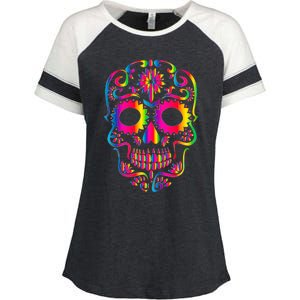 Bright Rainbow Sugar Skull Day Of The Dead Enza Ladies Jersey Colorblock Tee