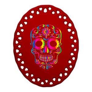 Bright Rainbow Sugar Skull Day Of The Dead Ceramic Oval Ornament