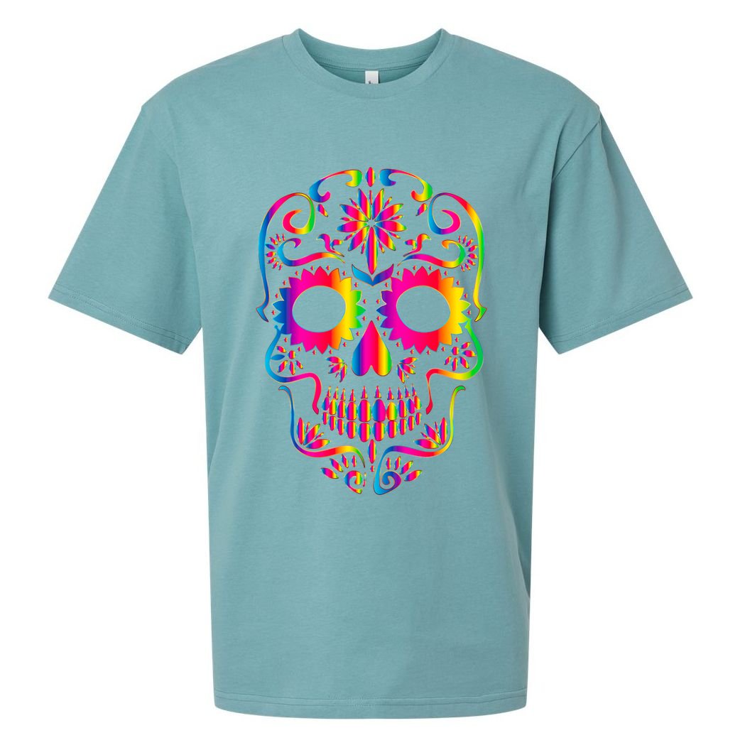 Bright Rainbow Sugar Skull Day Of The Dead Sueded Cloud Jersey T-Shirt