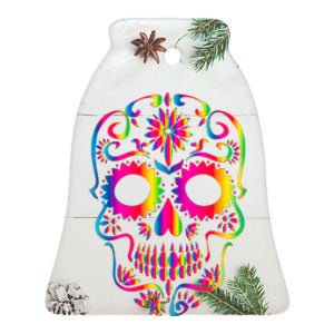 Bright Rainbow Sugar Skull Day Of The Dead Ceramic Bell Ornament