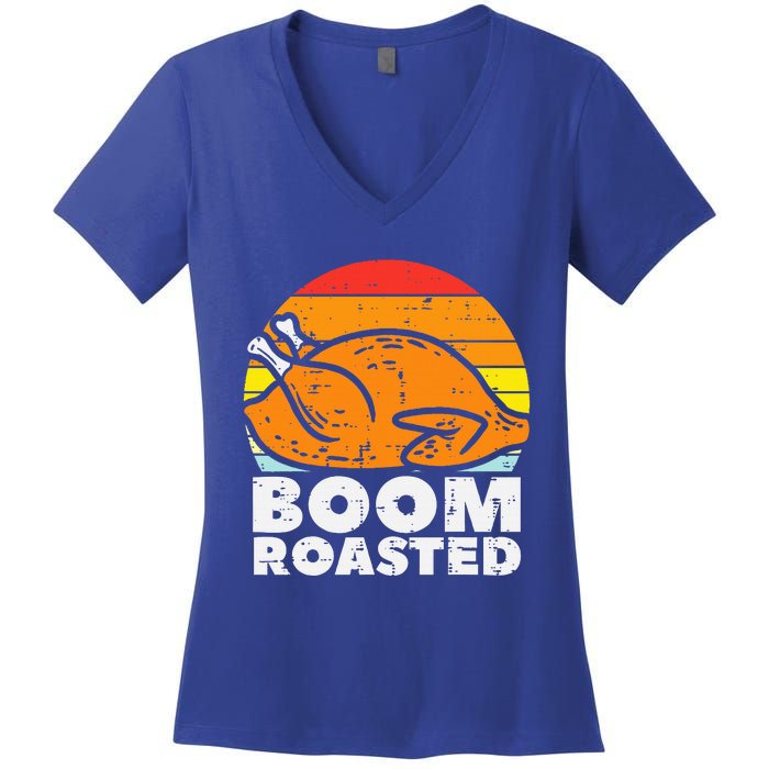 Boom Roasted Turkey Sunset Retro Thanksgiving Women's V-Neck T-Shirt