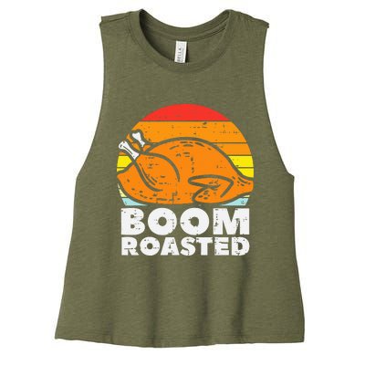 Boom Roasted Turkey Sunset Retro Thanksgiving Women's Racerback Cropped Tank