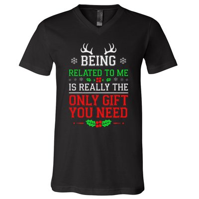 Being Related To Me Funny Christmas Family Xmas Pajamas V-Neck T-Shirt