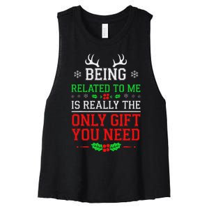 Being Related To Me Funny Christmas Family Xmas Pajamas Women's Racerback Cropped Tank