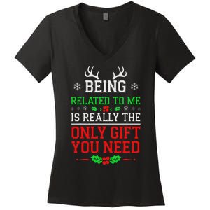 Being Related To Me Funny Christmas Family Xmas Pajamas Women's V-Neck T-Shirt