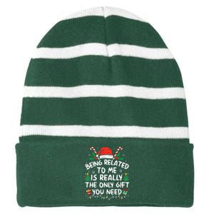 Being Related To Me Funny Christmas Family Xmas Pajamas  Striped Beanie with Solid Band