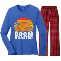 Boom Roasted Turkey Sunset Retro Thanksgiving Women's Long Sleeve Flannel Pajama Set 