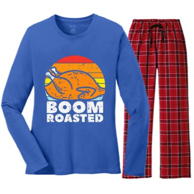 Boom Roasted Turkey Sunset Retro Thanksgiving Women's Long Sleeve Flannel Pajama Set 