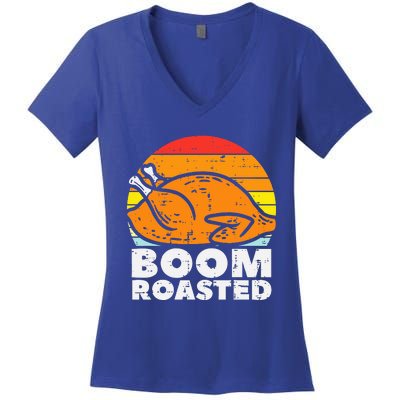 Boom Roasted Turkey Sunset Retro Thanksgiving Women's V-Neck T-Shirt