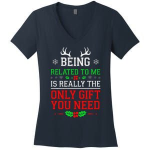 Being Related To Me Funny Christmas Family Xmas Pajamas Women's V-Neck T-Shirt