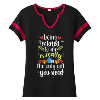 Being Related To Me Funny Christmas Family Xmas Pajamas Ladies Halftime Notch Neck Tee