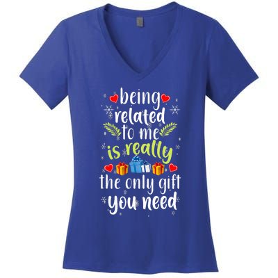 Being Related To Me Funny Christmas Family Xmas Pajamas Women's V-Neck T-Shirt