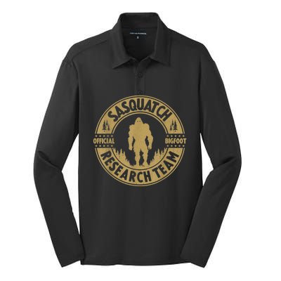 Bigfoot Research Team Retro Vintage Sasquatch And Trees 70s Silk Touch Performance Long Sleeve Polo