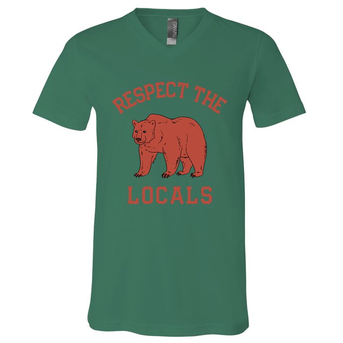 Bear Respect The Locals Camping Hiking Outdoor Adventure V-Neck T-Shirt