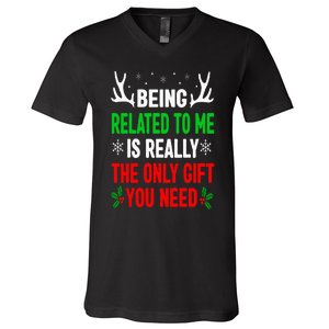 Being Related To Me Funny Christmas Family V-Neck T-Shirt