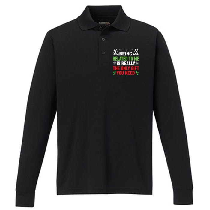 Being Related To Me Funny Christmas Family Performance Long Sleeve Polo