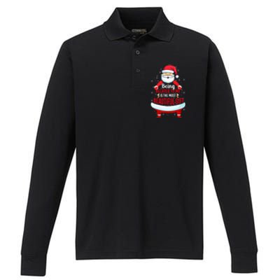 Being Related To Me Funny Christmas Saying Gift Performance Long Sleeve Polo