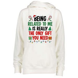 Being Related To Me Funny Christmas Family Xmas Womens Funnel Neck Pullover Hood