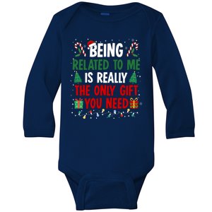 Being Related To Me Funny Christmas Family Xmas Baby Long Sleeve Bodysuit