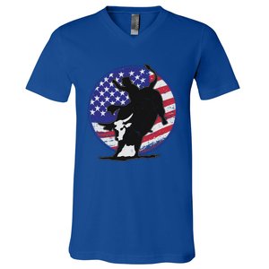 Bull Rider Trump Cute Gift Patriotic American Flag Trump Cow Gift V-Neck T-Shirt