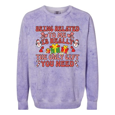 Being Related To Me Funny Christmas Family Xmas Groovy Gift Colorblast Crewneck Sweatshirt