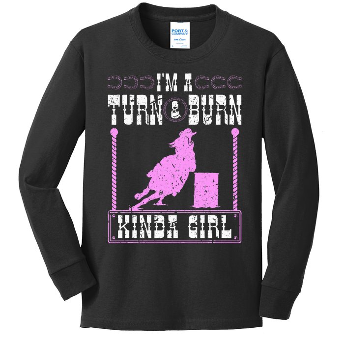 Barrel Racing Turn And Burn Cowgirl Rodeo Horse Barrel Racer Kids Long Sleeve Shirt