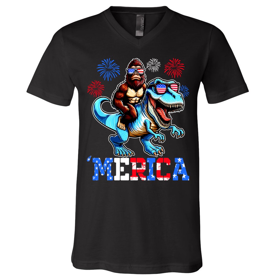 Bigfoot Riding Trex 4th Of July Merica V-Neck T-Shirt