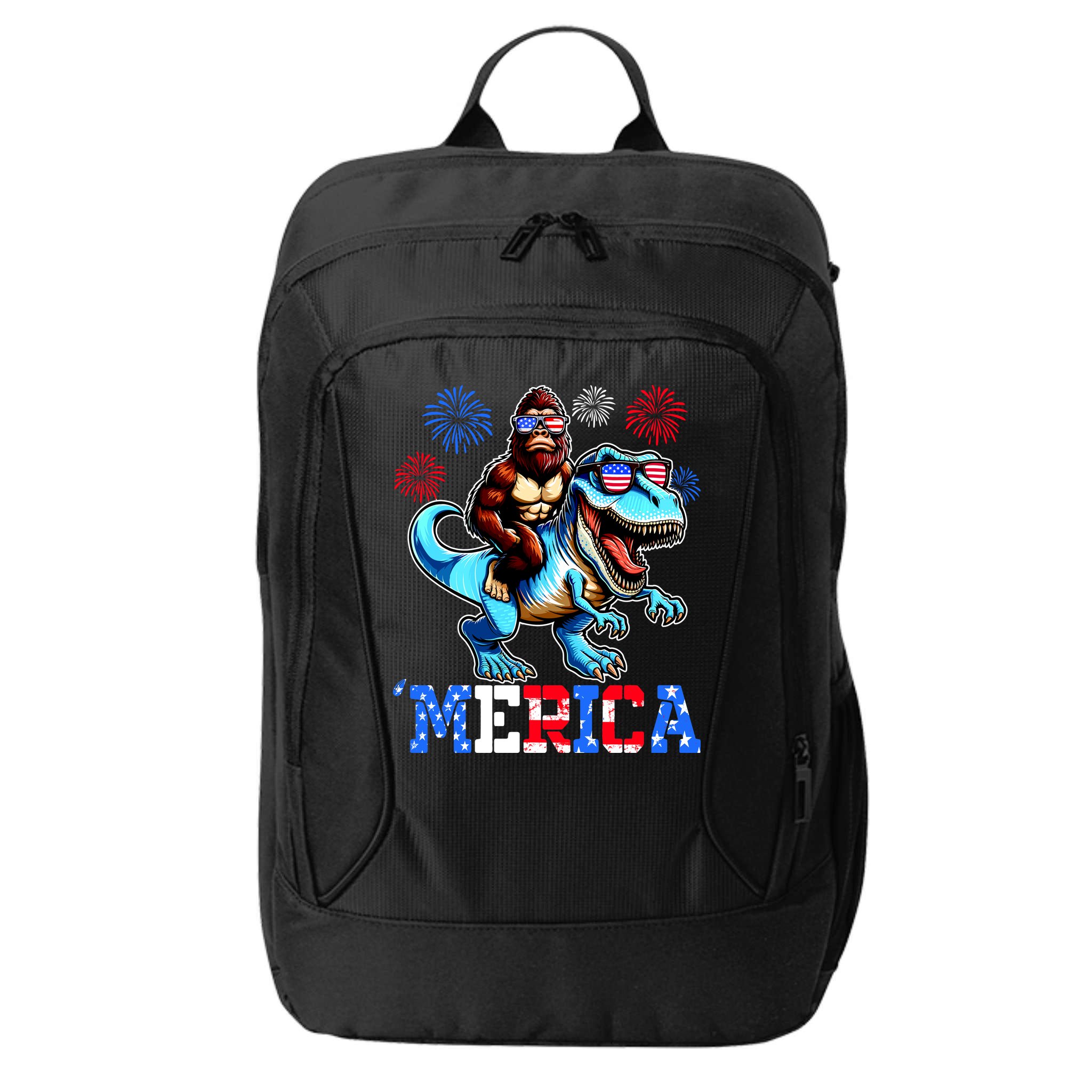 Bigfoot Riding Trex 4th Of July Merica City Backpack